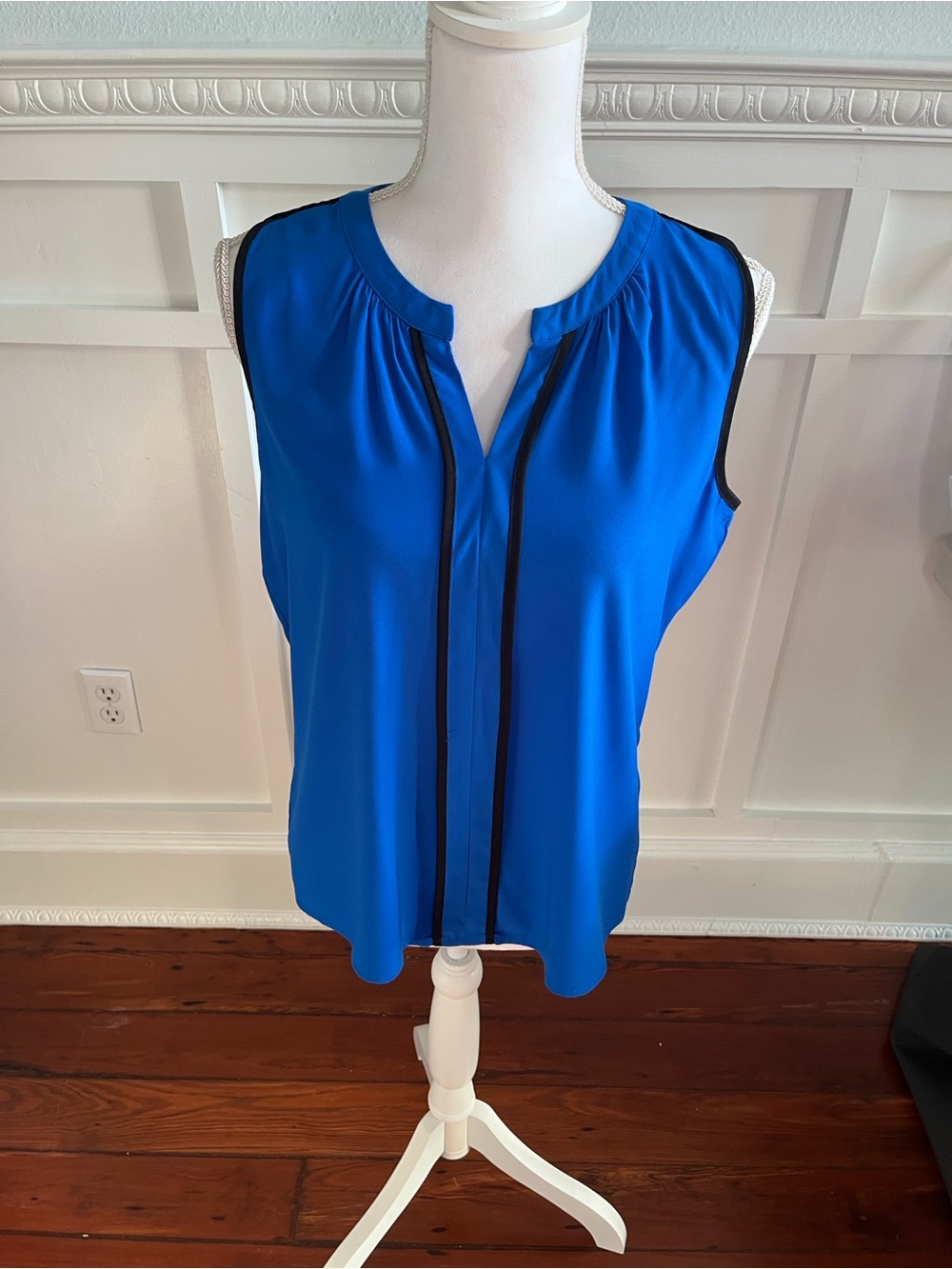 Calvin Klein Bright Blue Sleeveless V-Neck Blouse with Black Trim